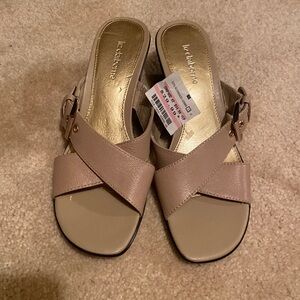 Tan leather slides with wedge heel